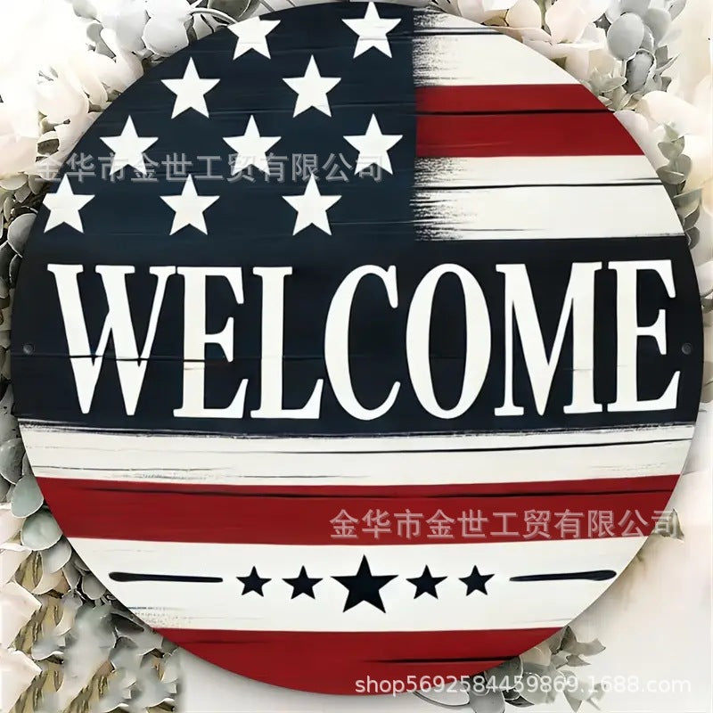 Independence Day rustic round wooden patriotic cross wall plaque with floral accents and God Bless America banner Bowlift
