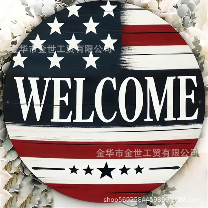 Independence Day rustic round wooden patriotic cross wall plaque with floral accents and God Bless America banner Bowlift