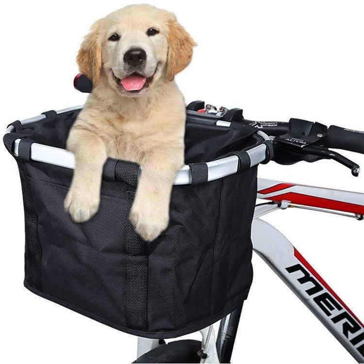 front-mounted collapsible aluminum framed pet bicycle basket with padded base and safety tether Bowlift