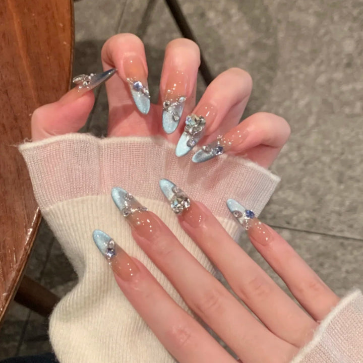 Artistic Long Stiletto Press-On Nails with Floral and Gemstone Accents Bowlift