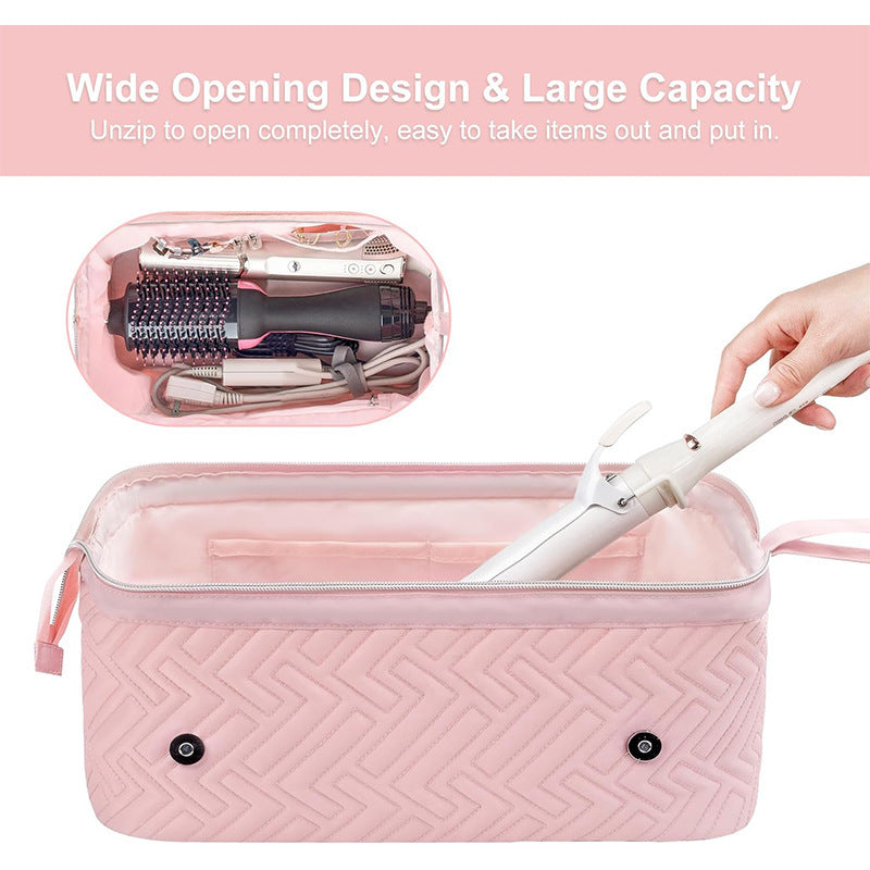 Cosmetic organizer bag with pre-made space for styling tools Bowlift