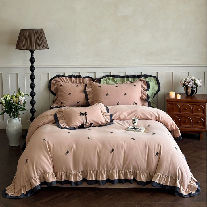 Luxurious Ruffled Bedding Set with Delicate Embroidery