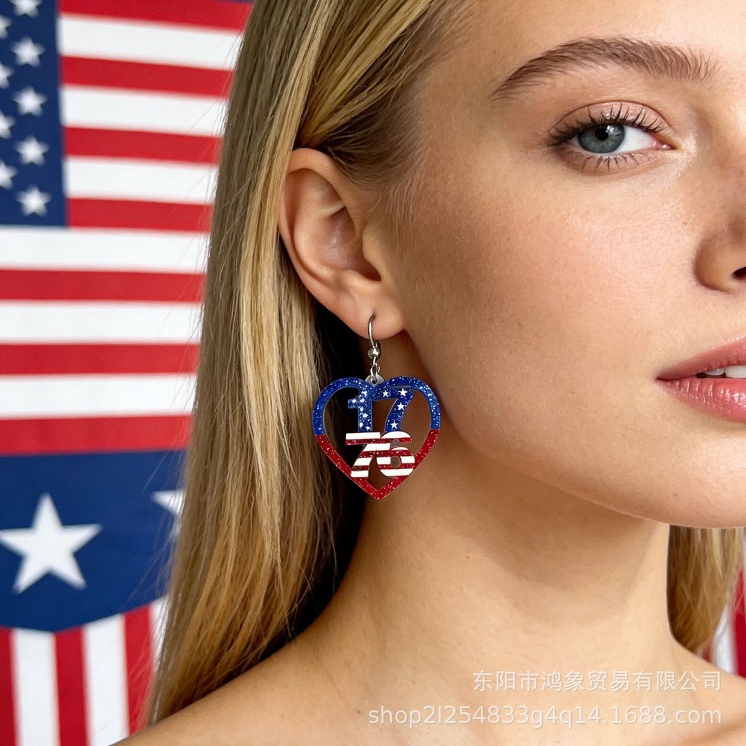 Women's nan patriotic heart dangle earrings with layered star stripe cutout and fishhook Bowlift