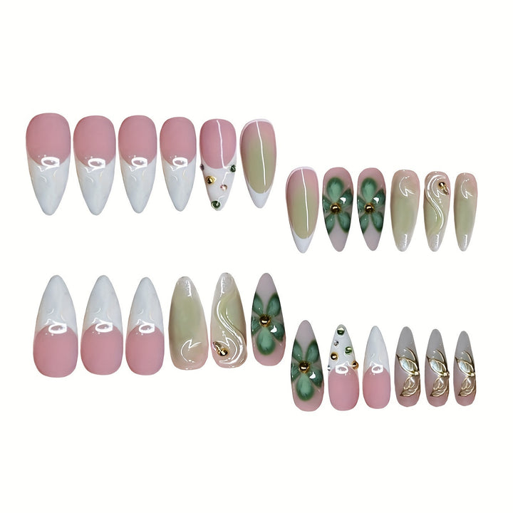 Artistic Press-On Nail Design with Floral Elements Bowlift