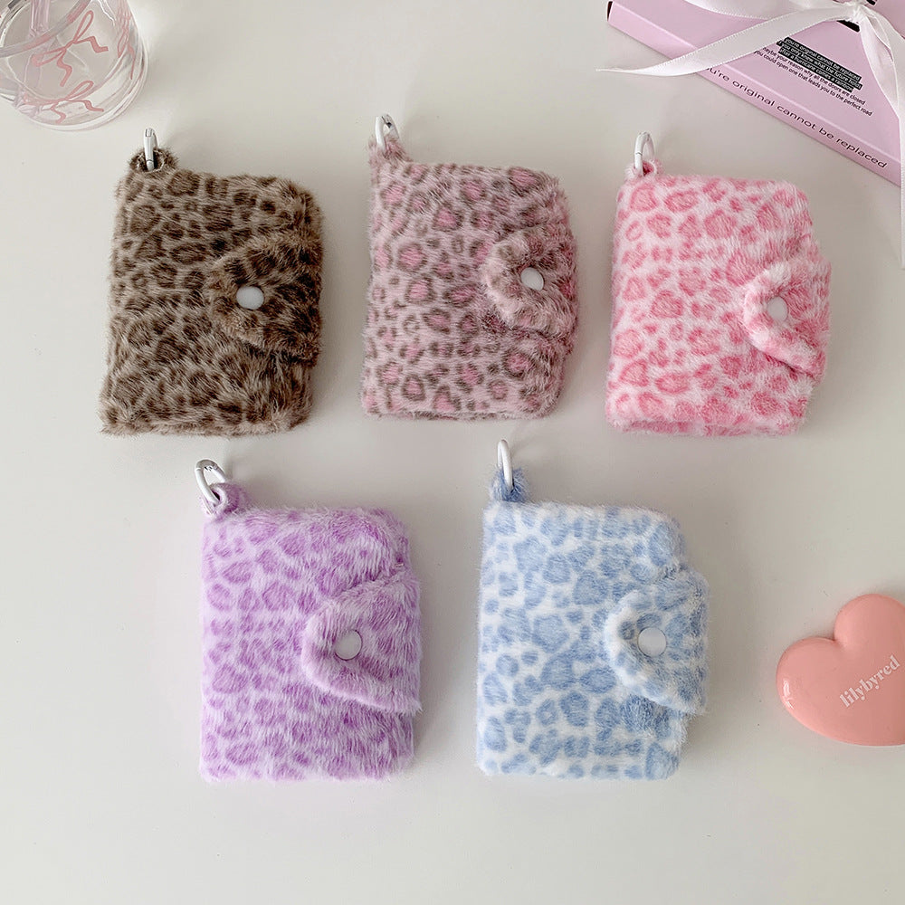Faux Fur Leopard-Print Snap Keyring Card Wallet Bowlift