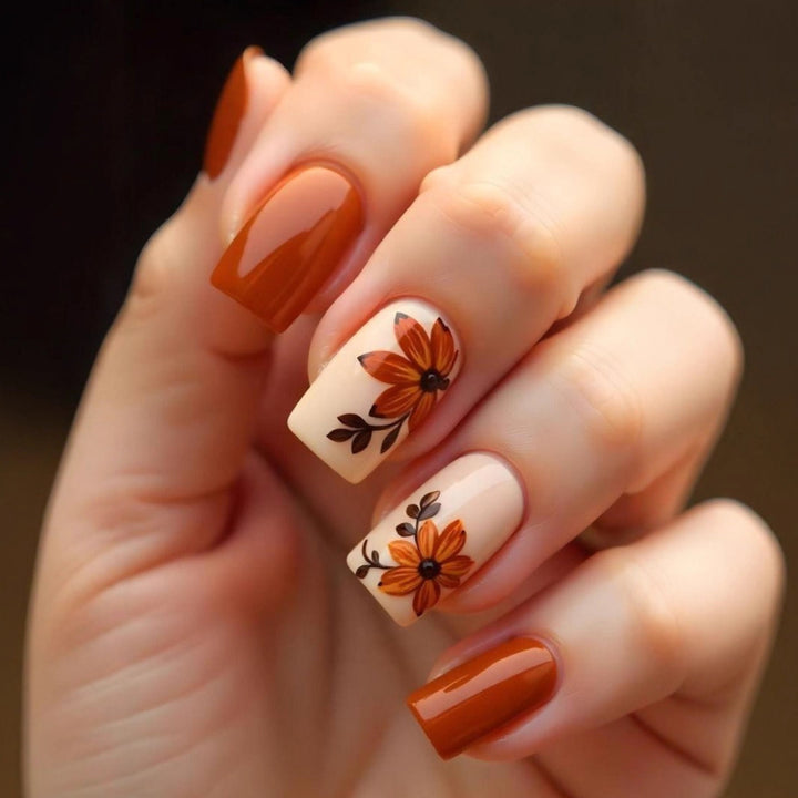 Artificial nails with floral autumn motifs Bowlift