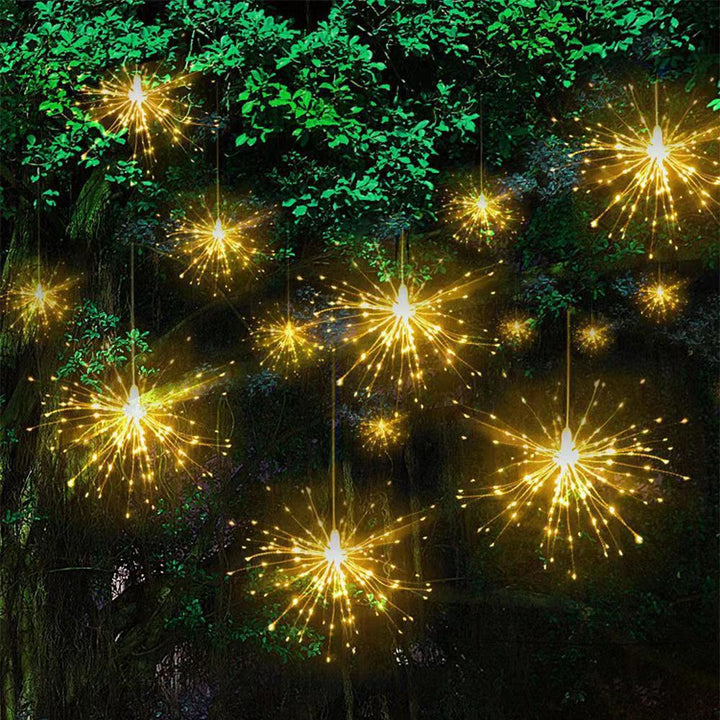 Solar-Powered Starburst Hanging LED Garden Lights With Waterproof Firework-Shaped Clusters And Automatic Dusk-To-Dawn Sensor Bowlift