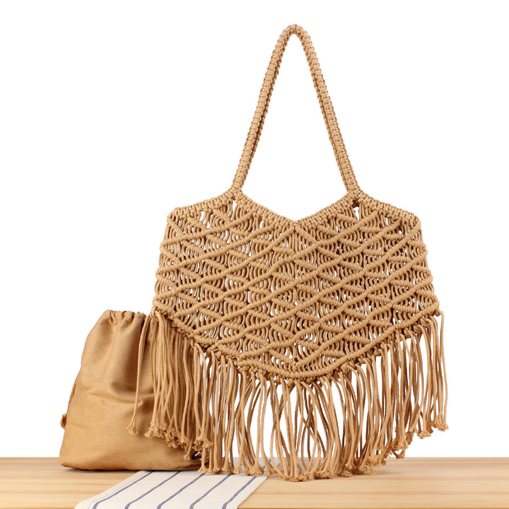 Macrame Tote Bag with Fringed Bottom Bowlift
