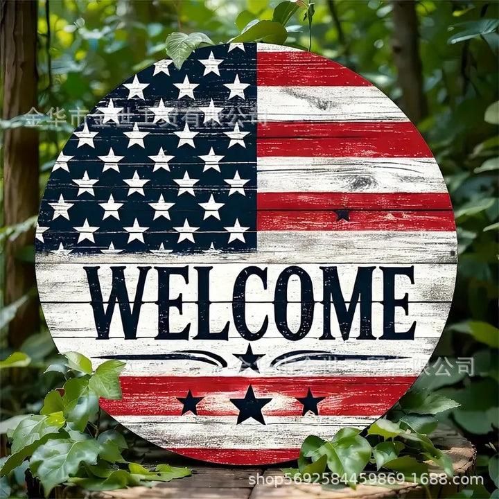 Independence Day rustic round wooden patriotic cross wall plaque with floral accents and God Bless America banner Bowlift