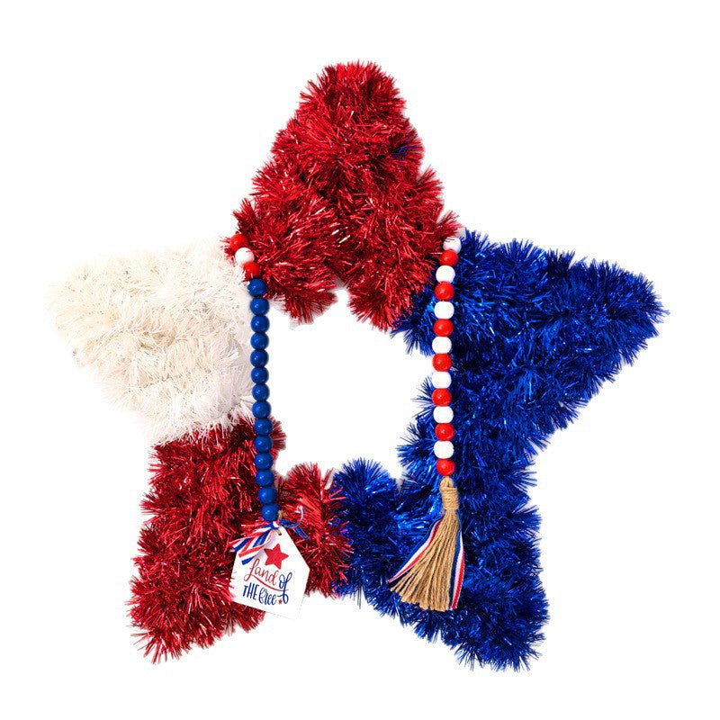 Unisex nan patriotic star door wreath made of artificial tinsel with wooden bead tassel and hanging pendant Bowlift