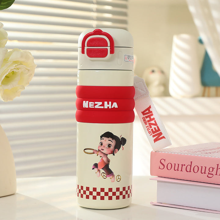 Insulated drinking bottle with a cute character design and practical carrying strap Bowlift