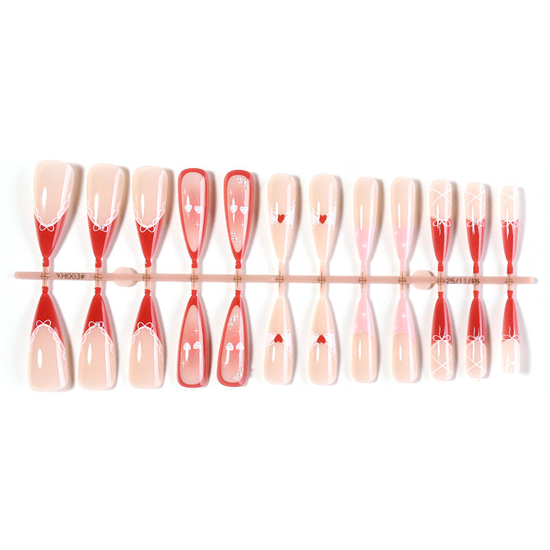 Decorative Press-On Nail Set with Heart and Ribbon Designs Bowlift