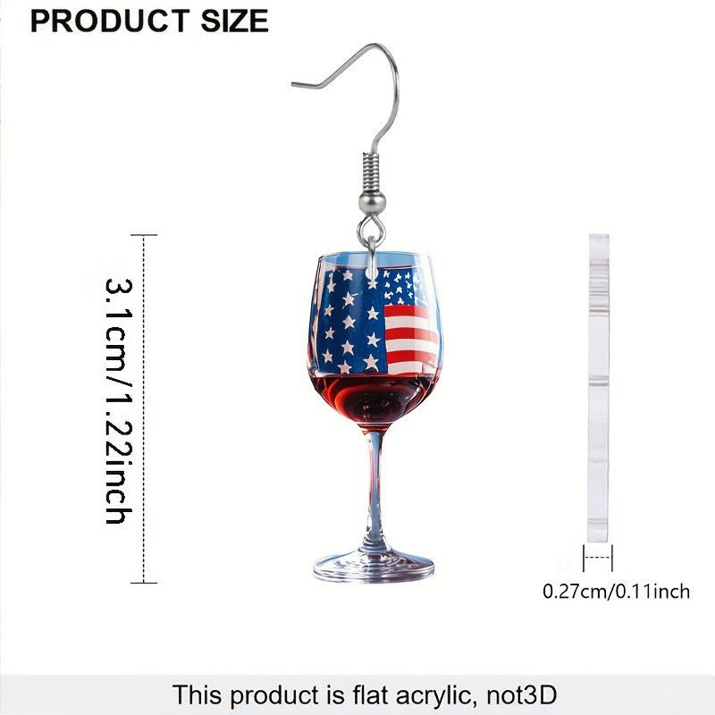 Women's nan novelty wine glass dangle earrings with patriotic American flag enamel Bowlift