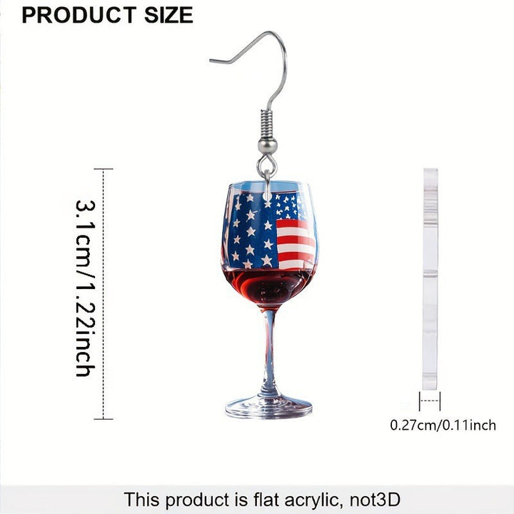 Women's nan novelty wine glass dangle earrings with patriotic American flag enamel Bowlift