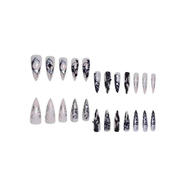 Artistic Stiletto Nail Extensions with Black Detailing Bowlift