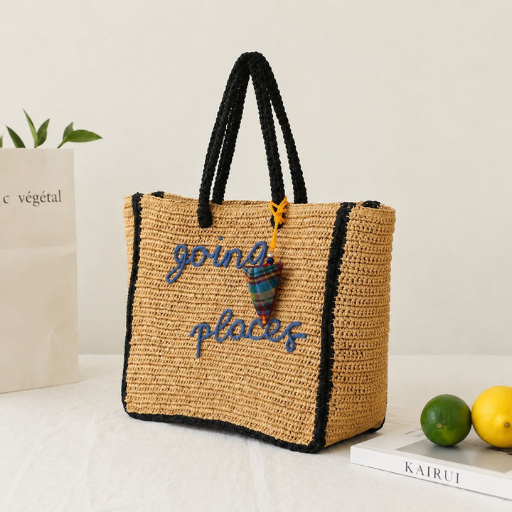 Spacious straw shopping bag with lettering Bowlift