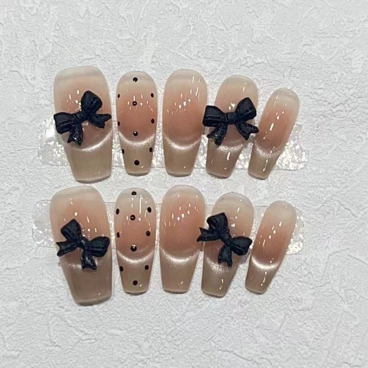 Stylish Long Press-On Nail Set with Bow Accents Bowlift