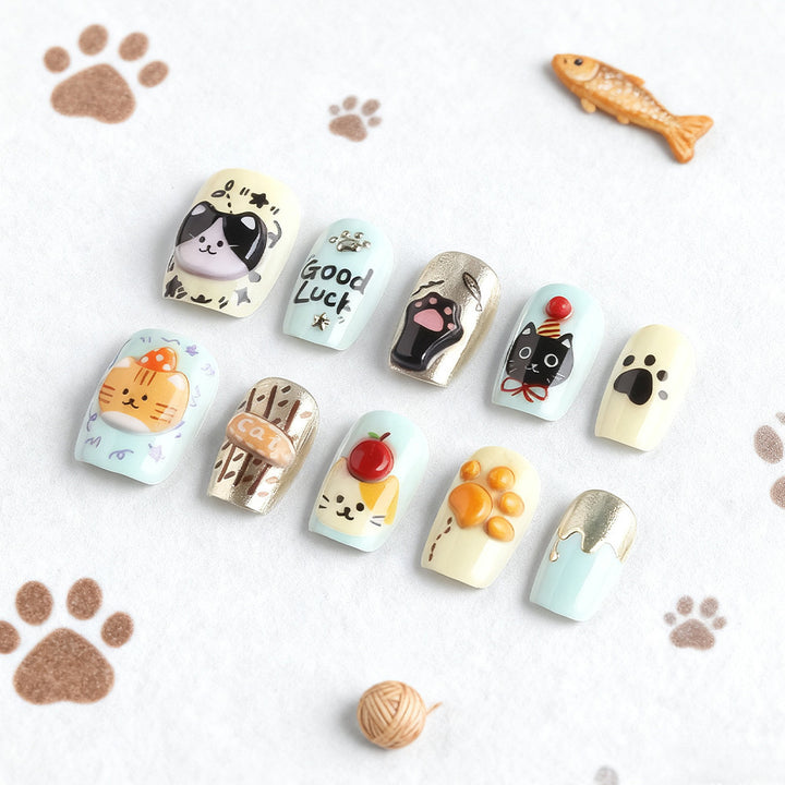 Whimsical Cat-Themed Press-On Nail Art Bowlift