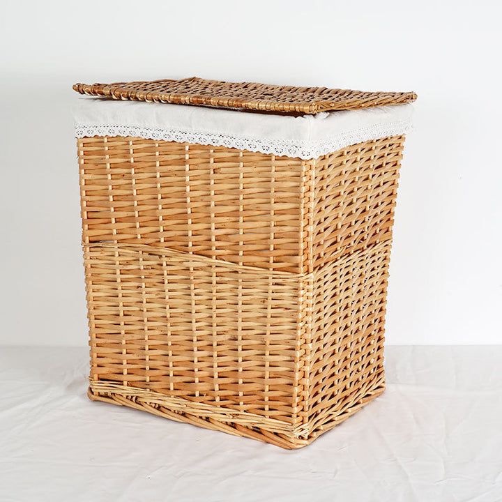 Ladies laundry basket with decorative fabric trim and practical lid Bowlift