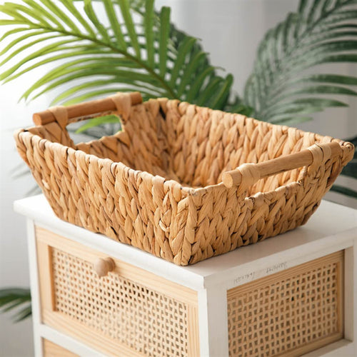 Braided storage basket with wooden handles