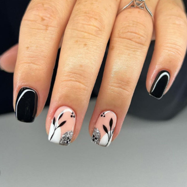 Artistic Floral and Glitter Press-On Nails Bowlift