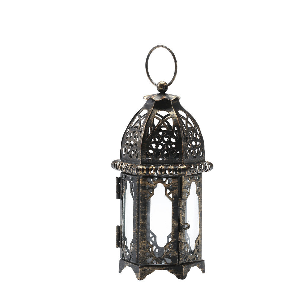 Decorative Moroccan Filigree Metal Lantern with Glass Panels and Hanging Ring Bowlift