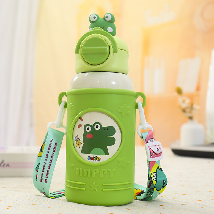 Women's Insulated Drinking Bottle with Cheerful Frog Design and Practical Carry Strap Bowlift