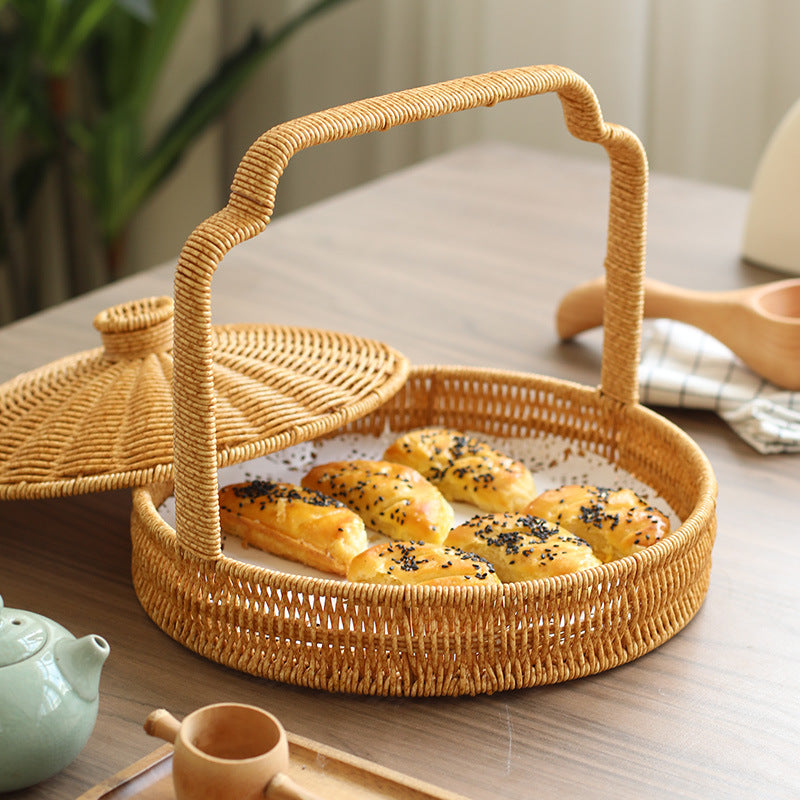 Handwoven Round Serving Basket with Ergonomic Handle Bowlift