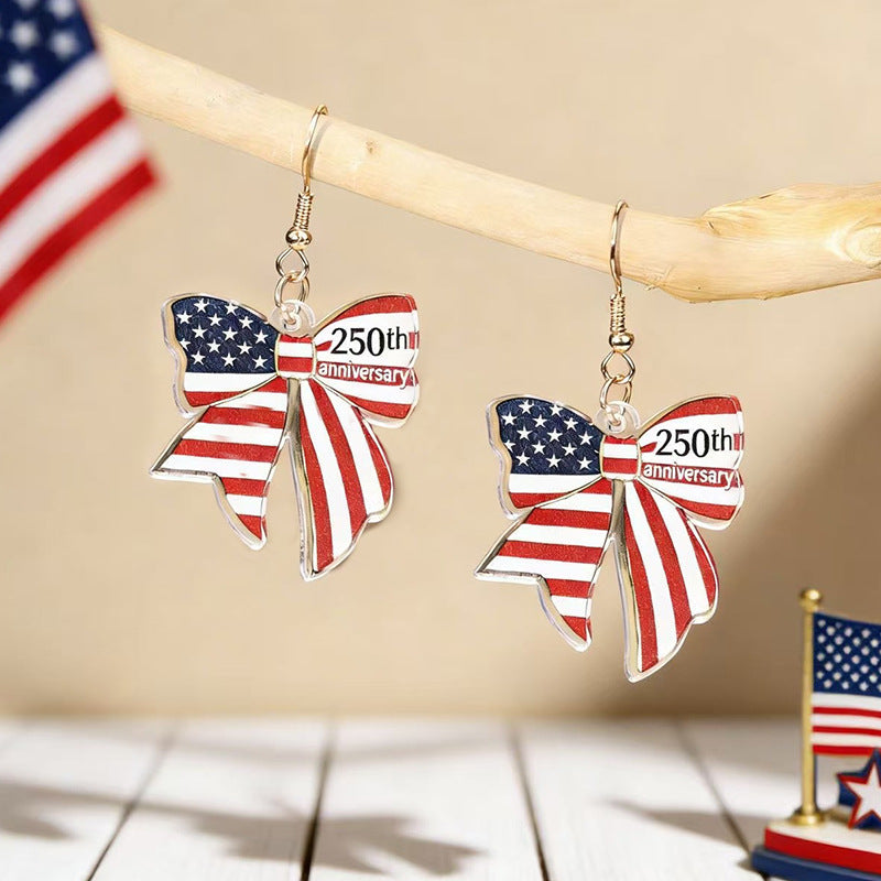 Women's nan patriotic bow dangle acrylic earrings with gold plated hooks and lightweight charm Bowlift