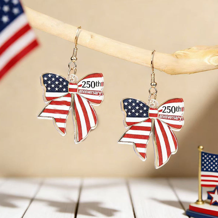 Women's acrylic statement earrings long pendant bow motif with patriotic print Bowlift