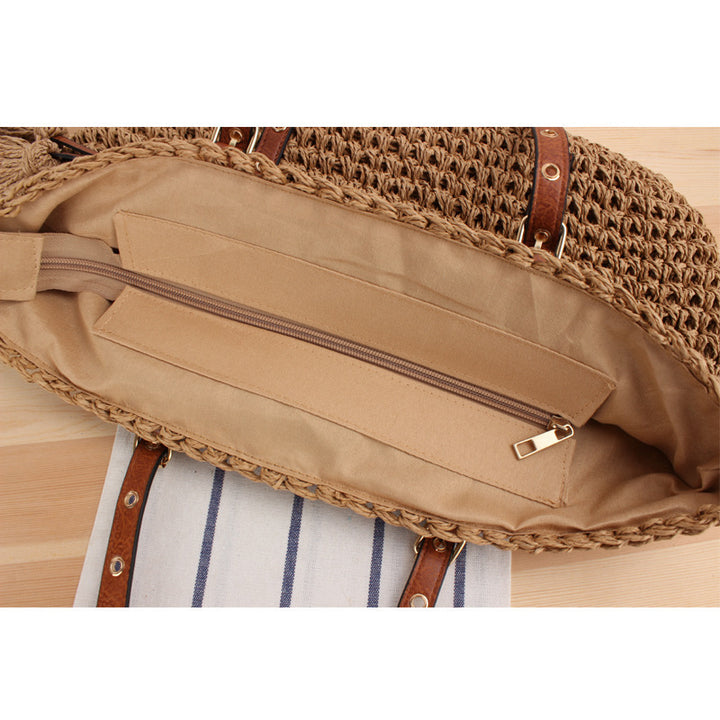 Large Braided Beach Bag with Elegant Contrast Handles Bowlift