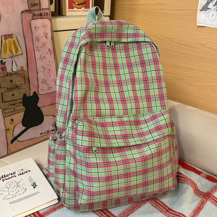 Backpack with Practical Check Pattern and Cute Plush Pendant Bowlift