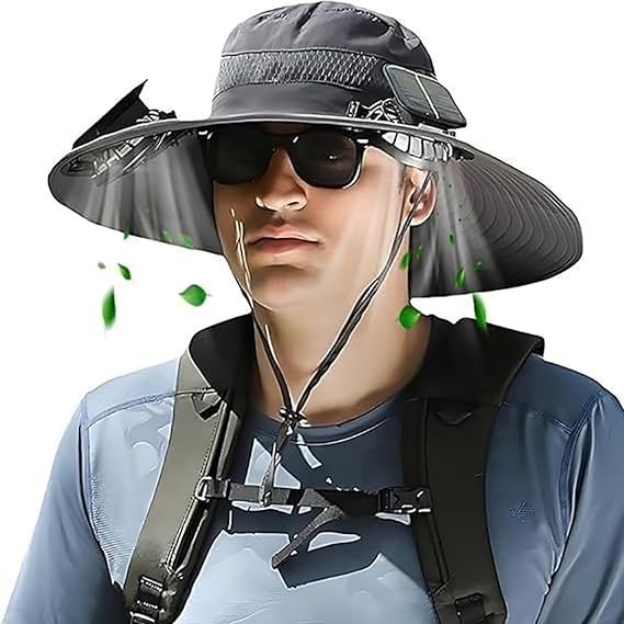 Sun Hat with Wide Brim for Outdoor Use, with Integrated Solar Cells and Adjustable Chin Strap Bowlift