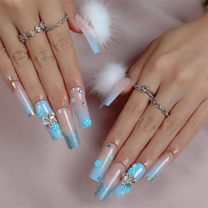 Designer Press-On Nail Art Set with Floral and Gem Accents Bowlift