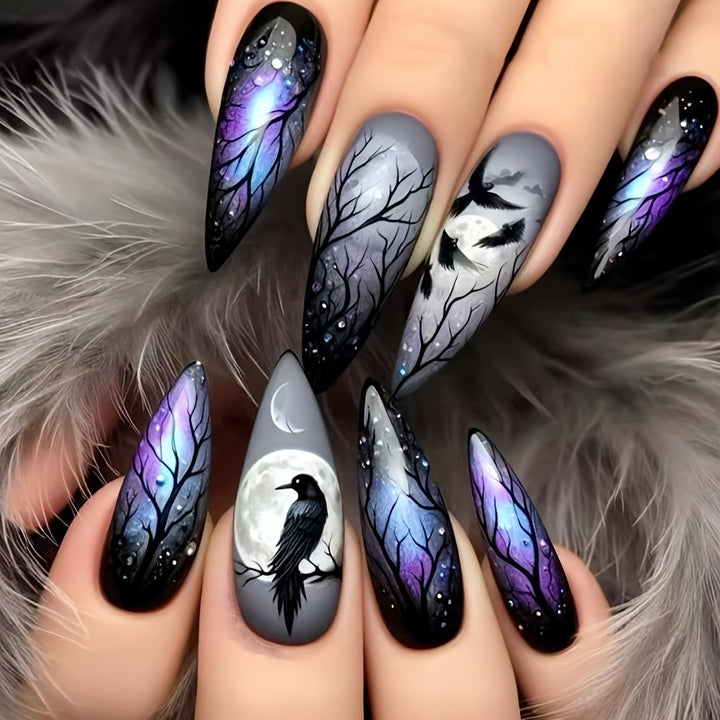 Artistic Moonlit Raven Nail Design Bowlift