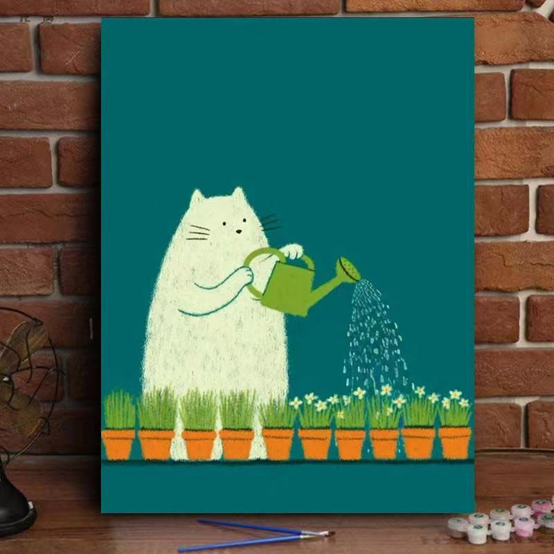 Whimsical Cat Watering Plants Canvas Art Bowlift