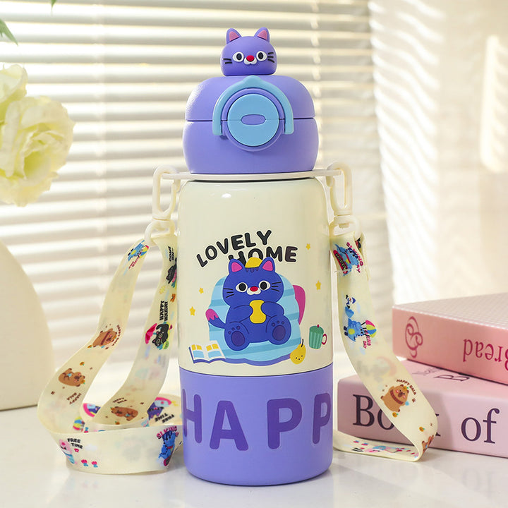 Women's insulated drink bottle with practical carrying strap and cute cat design Bowlift
