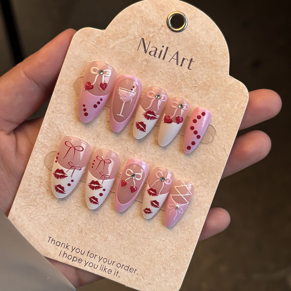 Romantic Kiss-Themed Press-On Nail Set Bowlift