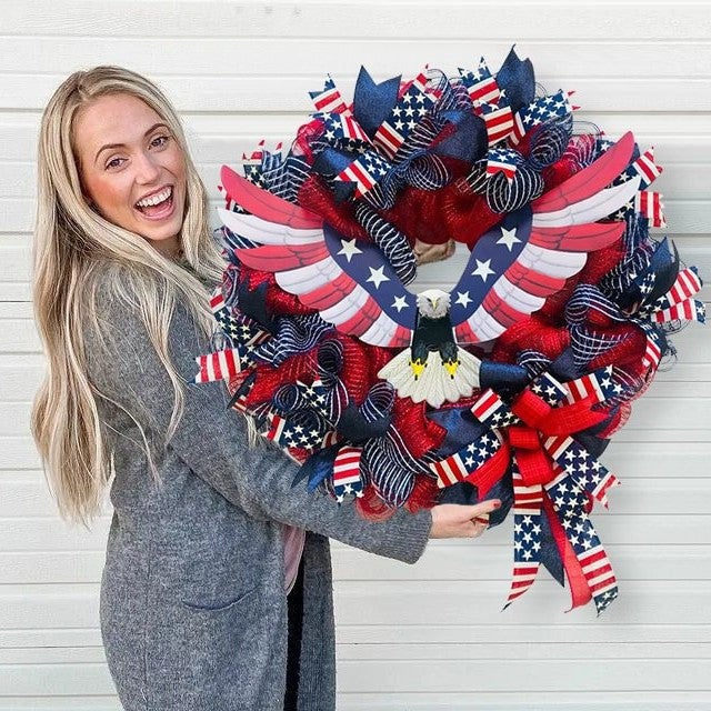 Unisex handmade decorative wreath made of polyester mesh with eagle centerpiece and Americana ribbons Bowlift