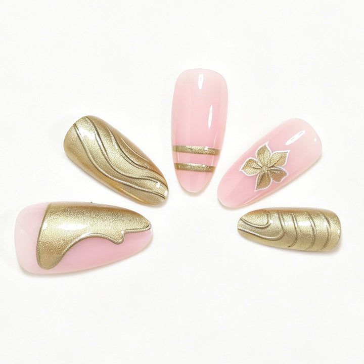 Elegant Metallic Floral Accent Press-On Nails Bowlift