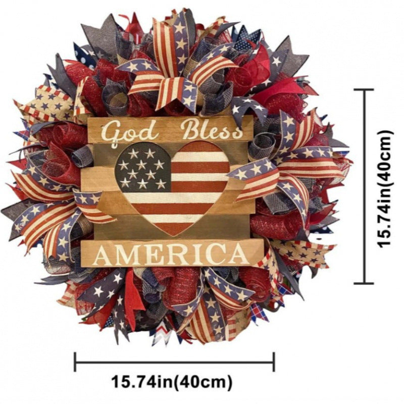 Unisex rustic patriotic door wreath with wooden sign heart motif and bow bouquet Bowlift