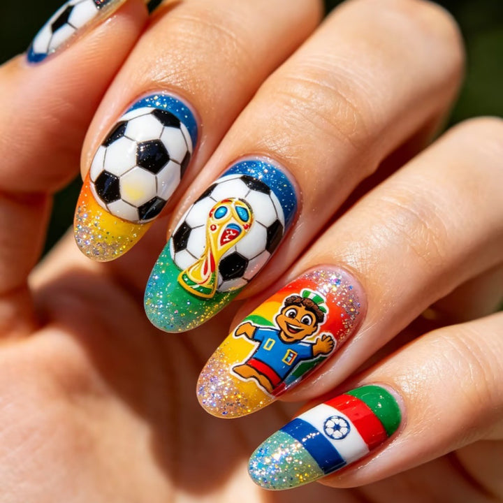 Artificial nails with football motif and glitter accents Bowlift
