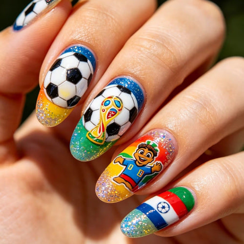 Artificial nails with football motif and glitter accents Bowlift