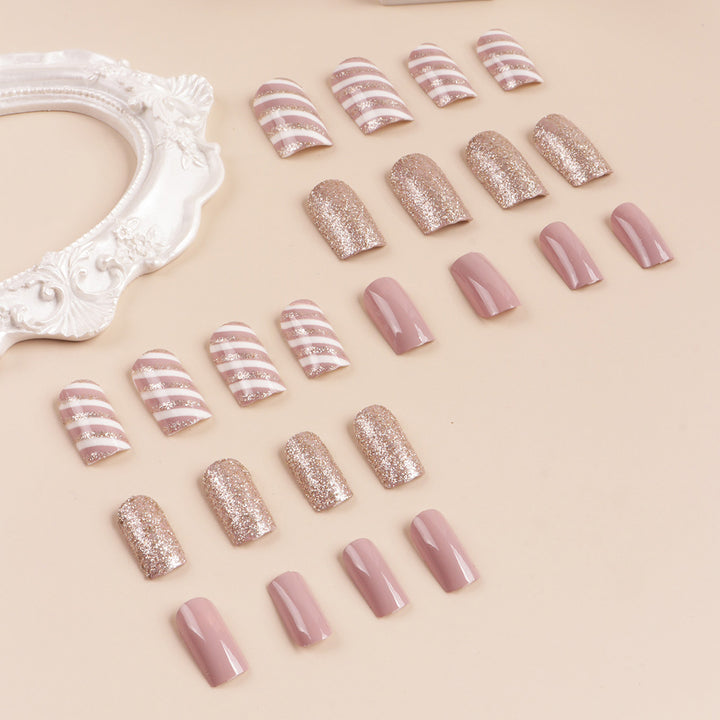 Glamorous Glitter and Striped Press-On Nail Art Bowlift