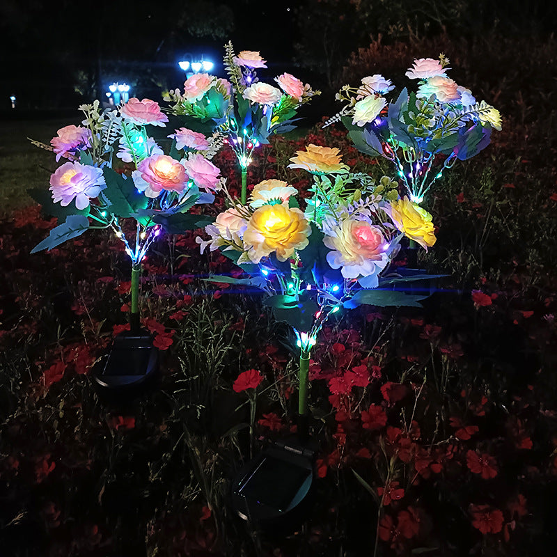 Realistic Artificial Peony Bouquet Solar Garden Stake With Dusk-To-Dawn LED And Adjustable Stem Bowlift