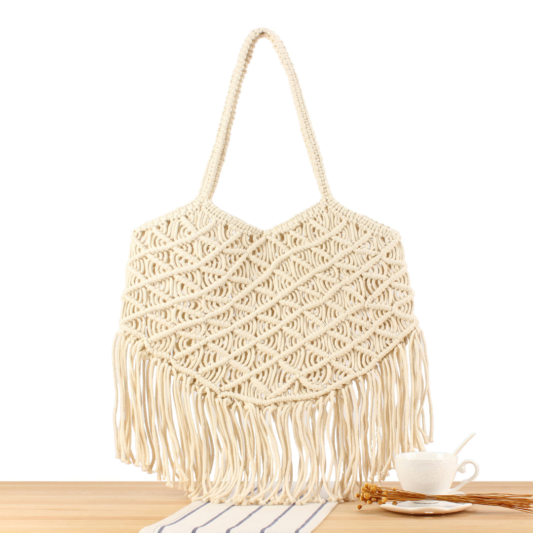 Macrame Tote Bag with Fringed Bottom Bowlift