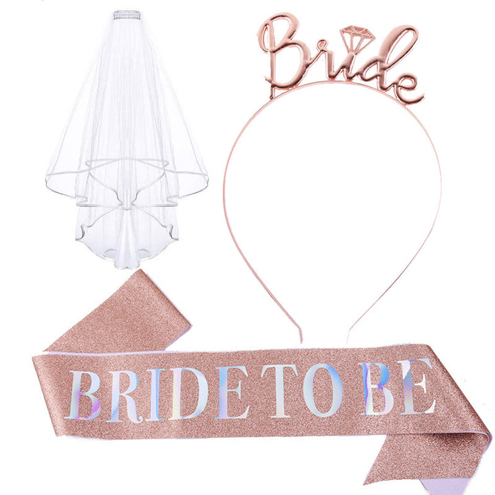 Women's bridal accessories set with shimmering veil and personalized sash Bowlift