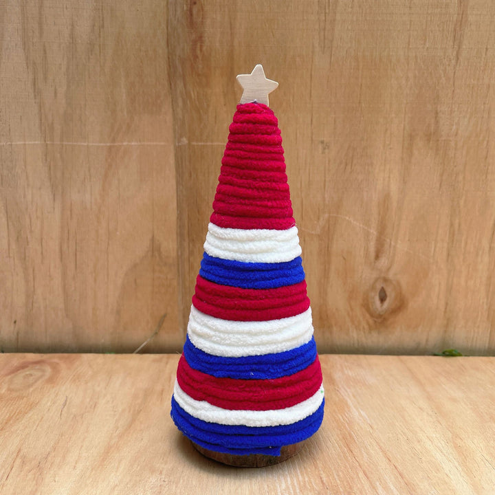 Unisex decorative table top Christmas tree made of felt and knitted structure with star appliqués Bowlift