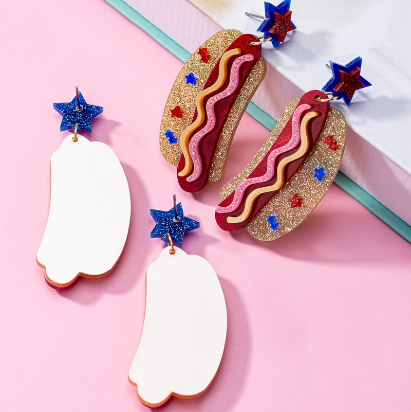 Women's nan novelty glitter hot dog dangle earrings with star stud Bowlift