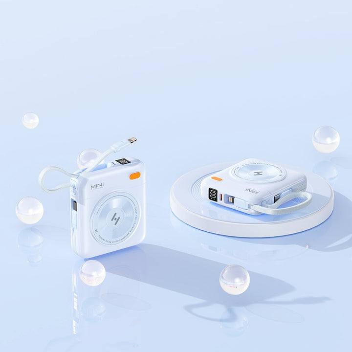 Compact power bank with integrated cable and LED display Bowlift